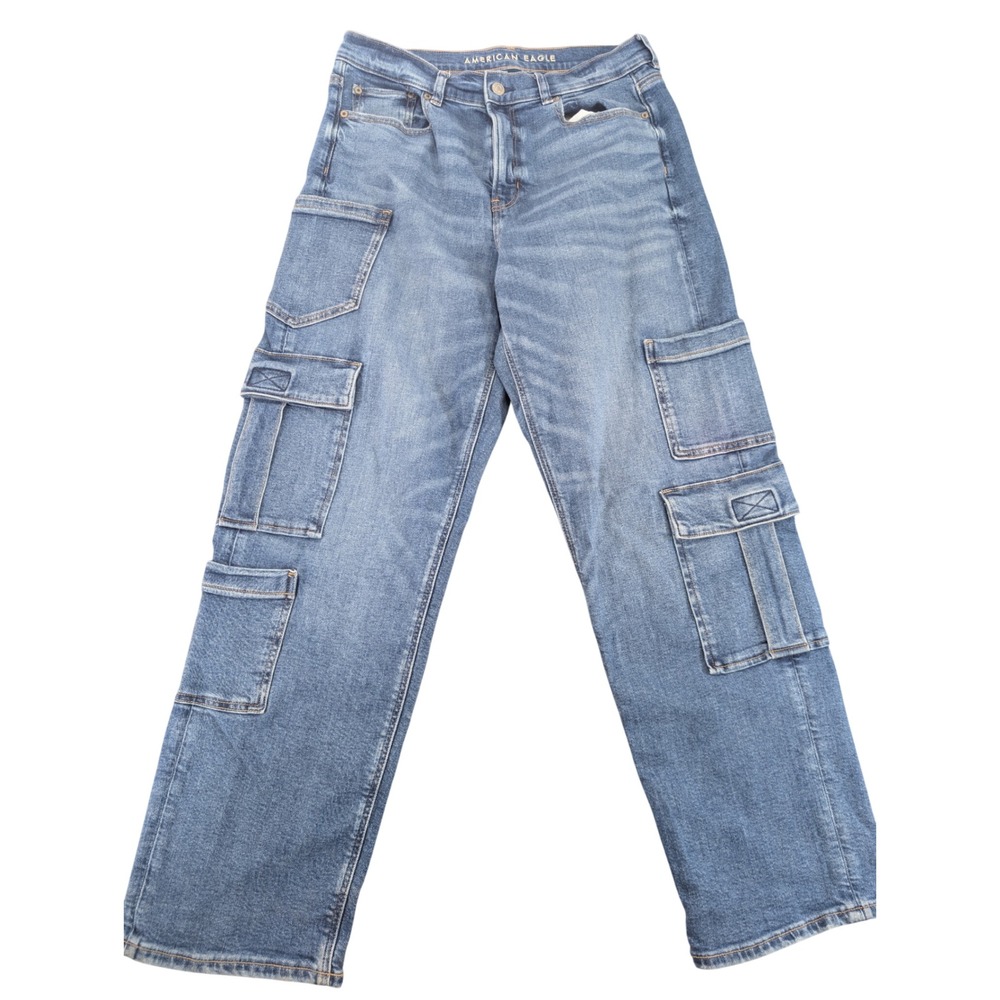 American Eagle Super High-Rise Baggy Straight Cargo Jeans Blue Size‎ 8